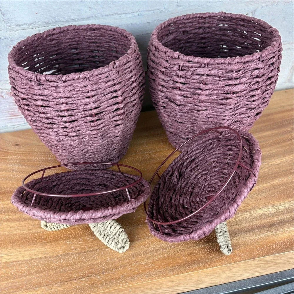 Vintage Burgundy Woven Apple Lidded Baskets Set of 2 Fall Home Decor Autumn Boho